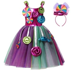 Colorful Candy-Themed Kids Halloween Costume Dress And Headband